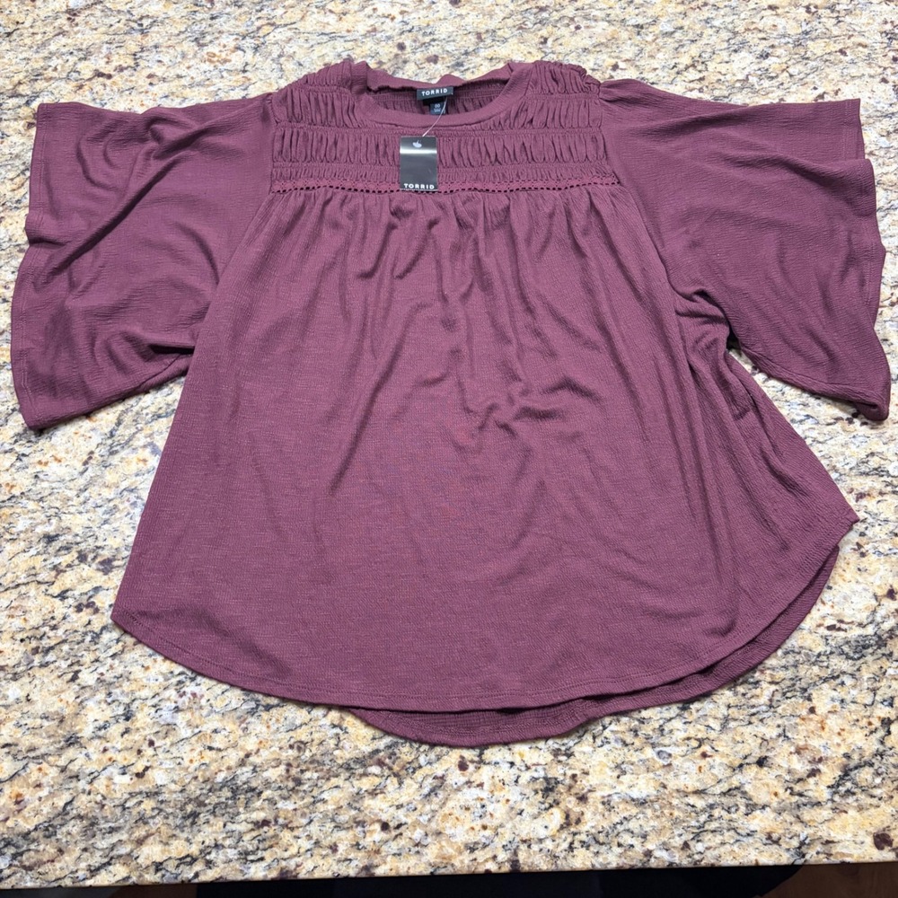 NEW Torrid Smocked Yoke Bell Sleeve Blouse Burgundy Plus Size 00